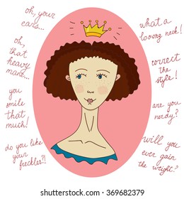 Vector cartoon image of a confident girl isolated on pink. Augmented with well-known phrases about beauty stereotypes. Body positive theme, woman production, illustration for many purposes.