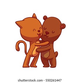 Vector cartoon image of cute animals: a red cat and a brown bear standing and hugging on a white background. Friendship, love. Hugging animals. Vector illustration.