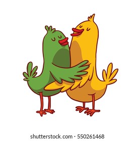 Vector cartoon image of cute animals: a green bird and a yellow bird standing and hugging on a white background. Friendship, love. Hugging animals. Vector illustration.