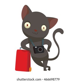 Vector cartoon image of a cute black cat-tourist with a black camera around his neck and with a big red suitcase near him standing on a white background. Vector illustration of a cat-traveler.