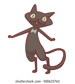 Vector cartoon image of a cute black cat standing on his hind legs and smiling on a white background. Pet. Vector illustration. Positive character. Cat.