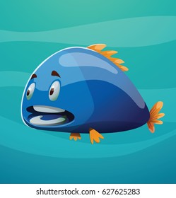 Vector cartoon image of a cute blue fish with yellow fins and tail smiling on a blue marine background. Underwater life, ocean, aquarium. Positive character. Vector illustration.