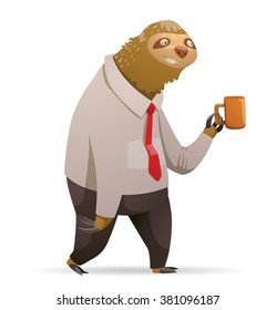 Vector cartoon image of a cute brown sloth. Cartoon sloth in a black trousers, white shirt and red tie. Sloth hold an orange mug. Cartoon parody. Cartoon sloth office worker. Vector illustration.