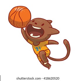 Vector cartoon image of a cute brown cat in yellow shorts and T-shirt with an orange basketball ball in his paw jumping on a white background. Funny cat playing basketball. Vector illustration.