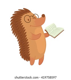 Vector cartoon image of a cute brown hedgehog with spines, in glasses standing with a white book in his paw on a white background. Funny forest hedgehog. Vector illustration.