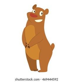 Vector cartoon image of a cute brown bear standing and smiling on a white background. Vector illustration of funny forest brown bear.