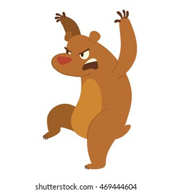 Vector Cartoon Image Of A Cute Brown Angry Bear Standing And Frightening Someone On A White Background. Vector Illustration Of Funny Forest Brown Bear.