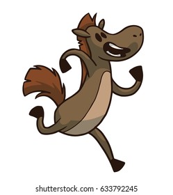 Vector cartoon image of a cute brown horse running somewhere on a white background. Running animals, sport, Zoo, jogging, healthy lifestyle. Positive character. Vector illustration.