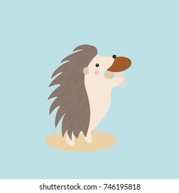 Vector cartoon image of a cute brown hedgehog with spines, standing with white-brown mushroom in his paws and rejoicing on a blue background. Funny forest animal