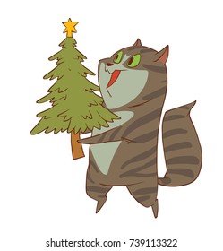 Vector cartoon image of a cute Christmas gray cat with a green Christmas tree in paws standing and smiling on a white background. Christmas, New Year, holiday, animals. Vector illustration.