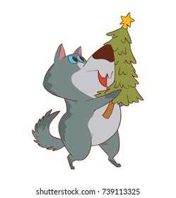 Vector cartoon image of a cute Christmas gray dog with a green Christmas tree in paws standing and smiling on a white background. Christmas, New Year, holiday, animals. Vector illustration.