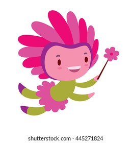 Vector cartoon image of a cute fairy of spring in green-pink dress and bright pink hat with a magic wand in the form of a pink flower in her hand, flying and smiling on a white background. Seasons.