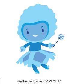 Vector cartoon image of a cute fairy of winter in light blue dress and light blue hat with a magic wand in the form of a snowflake in her hand, flying and smiling on a white background. Seasons.
