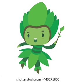 Vector cartoon image of a cute fairy of summer in green dress and green leafy hat with a magic wand in the form of a branch with green leaves in hand, flying and smiling on a white background. Seasons
