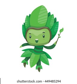 Vector cartoon image of a cute fairy of summer in green dress and green leafy hat with a magic wand in hand smiling on a white background. Seasons. Vector illustration with shadows and highlights.