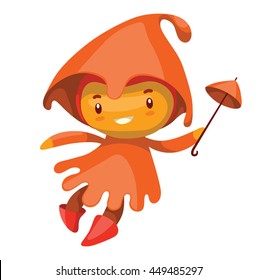 Vector cartoon image of a cute fairy of autumn in an orange dress and orange hood with a magic wand in hand smiling on a white background. Seasons. Vector illustration with shadows and highlights.