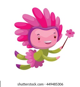 Vector cartoon image of a cute fairy of spring in green-pink dress and pink hat with a magic wand in her hand smiling on a white background. Seasons. Vector illustration with shadows and highlights.