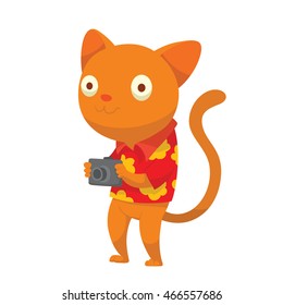 Vector cartoon image of a cute ginger cat-tourist in red shirt with yellow flowers and with a black camera in his paws standing on a white background. Vector illustration of a cat-traveler.