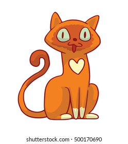 Vector cartoon image of a cute ginger cat with white heart symbol on his chest, sitting and smiling on a white background. Pet. Vector illustration. Positive character. Cat.
