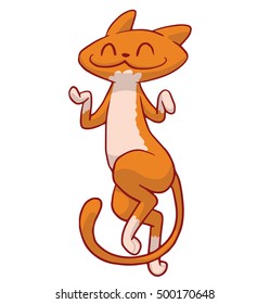 Vector cartoon image of a cute ginger-white cat dancing and smiling on a white background. Pet. Vector illustration. Positive character. Cat.