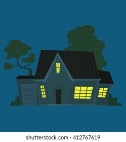 Vector cartoon image of a cute gray house with one floor, four light emitting windows, roof, door, garage and trees and bushes near on a dark blue night background. Flat style. Vector illustration.
