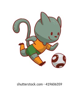 Vector cartoon image of a cute gray cat in green shorts and orange T-shirt with a white-black ball near him running and smiling on a white background. Funny cat playing football. Vector illustration.