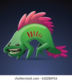 Vector cartoon image of a cute green monster with gills, with a big pink tuft and tail standing on four legs on a dark blue background. Positive character, creature, funny. Halloween.