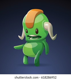 Vector cartoon image of a cute green monster with a brown mohawk, two arms, two legs and two white horns, standing on a dark blue background. Positive character, creature, funny. Halloween.