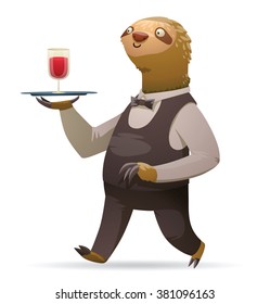 Vector cartoon image of a cute light brown sloth in white shirt, black trousers, vest and bow tie with a tray with glass of red wine in his paw on white background. Parody. Waiter. Vector illustration