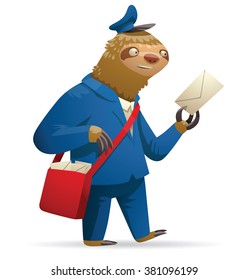 Vector cartoon image of a cute light brown sloth in a blue uniform and blue cap with red bag on his shoulder and with white letter in his paw on white background. Parody. Postman. Vector illustration.