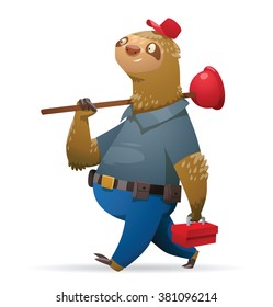 Vector cartoon image of a cute light brown sloth in blue trousers, shirt and red cap with a red box with tools and red plunger in his paws on white background. Parody. Plumber. Vector illustration.