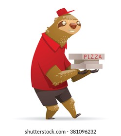 Vector cartoon image of a cute light brown sloth in black shorts, red shirt and red cap with three white boxes of pizza in his paws on white background. Parody. Pizza deliveryman. Vector illustration.