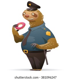 Vector cartoon image of a cute light brown sloth in black-and-blue police uniform and a black cap with a donut in his paw and baton on belt on white background. Parody. Policeman. Vector illustration