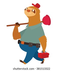 Vector cartoon image of a cute light brown sloth in blue trousers, shirt and red cap with a red tool-box and red plunger in his paws on white background. Plumber. Parody. Made in flat cartoon style.