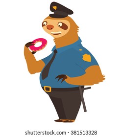 Vector cartoon image of a cute light brown sloth in black-and-blue police uniform and a black cap with a donut in his paw and baton on belt on white background. Policeman. Made in flat cartoon style.