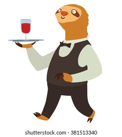 Vector cartoon image of a cute light brown sloth in white shirt, black trousers, vest and bow tie with a tray with glass of red wine in his paw on white background. Waiter. Made in flat cartoon style.
