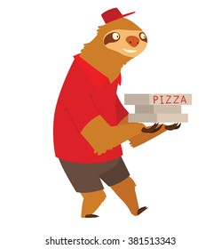 Vector cartoon image of a cute light brown sloth in black shorts, red shirt and red cap with three white boxes of pizza in his paws on white background. Pizza deliveryman. Made in flat cartoon style.