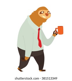 Vector cartoon image of a cute light brown sloth in a black trousers, white shirt and red tie with an orange mug in his paw on white background. Office worker. Parody. Made in flat cartoon style.