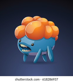 Vector cartoon image of a cute light blue monster with big orange bumps on his back standing on four legs on a dark blue background. Positive character, creature, funny. Halloween.