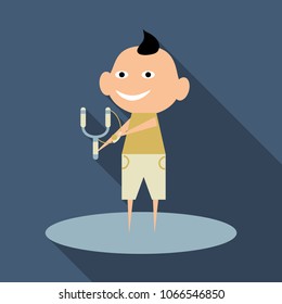Vector cartoon image of a cute little boy in shorts and t-shirt standing and sighting to shoot from a slingshot on background. Positive character.