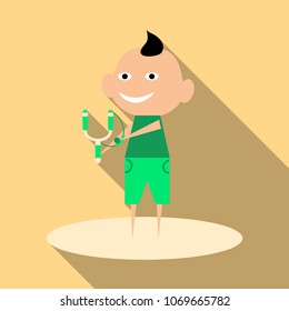 Vector cartoon image of a cute little boy in shorts and t-shirt standing and sighting to shoot from a slingshot on background. Positive character.