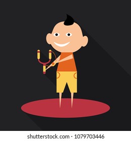 Vector cartoon image of a cute little boy in shorts and t-shirt standing and sighting to shoot from a slingshot on background. Positive character.