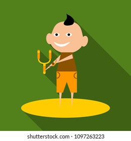 Vector cartoon image of a cute little boy in shorts and t-shirt standing and sighting to shoot from a slingshot on background. Positive character.