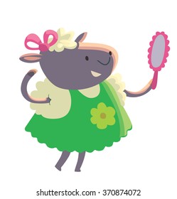 Vector cartoon image of a cute little white-gray lamb - schoolgirl in green dress with pink bow on head and pink mirror in her hoof on a white background. School education animals. Vector illustration