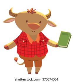 Vector cartoon image of a cute little light brown bull - schoolboy in brown shorts and red plaid shirt with green book in his hoof on a white background. School education animals. Vector illustration.