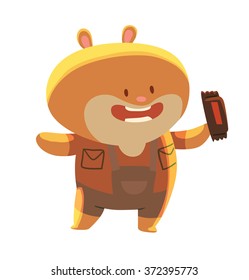 Vector cartoon image of a cute little brown hamster - schoolboy in a red shirt and brown overalls with a chocolate bar in his paw on a white background. School, education, animals. Vector illustration