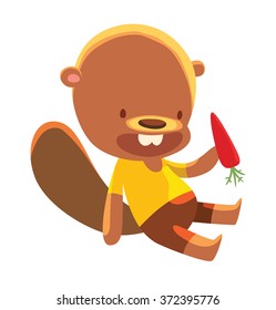 Vector cartoon image of a cute little brown beaver - schoolboy in a yellow t-shirt and brown shorts with red carrot in his paw on a white background. School, education, animals. Vector illustration.