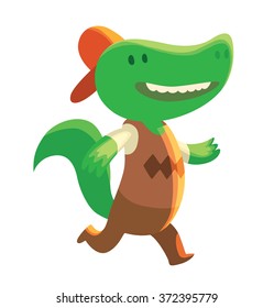 Vector cartoon image of a cute little green crocodile - schoolboy in brown pants, vest, white t-shirt and orange cap running on a white background. School, education, animals. Vector illustration.