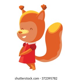 Vector cartoon image of a cute little orange squirrel - schoolgirl in red dress standing and smiling on a white background. School, education, animals. Vector illustration.