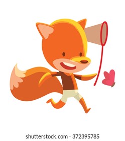 Vector cartoon image of a cute little red fox - schoolboy in white shorts and brown t-shirt with a red butterfly net in his paw on a white background. School, education, animals. Vector illustration.